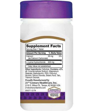 21st Century L-Lysine 600 mg - 90 Tablets | Immune Support & Healthy Skin - Buy Online on GoSupps.com
