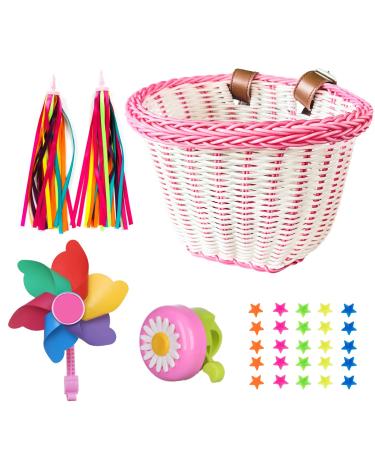 Bicycle Basket for Girls, Adjustable Front Handlebar Bike Basket with Bike Streamers Set Bell/Bicycle Windmill/Bicycle Wheel Beads DIY Bike Decoration Accessories Kit Gift White and Pink
