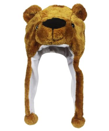 Cute Plush Animal Character Winter Hat Fun Ski Cap with Detailed Animal Face Long Ear Straps with Pom Pom Ends Brown Bear