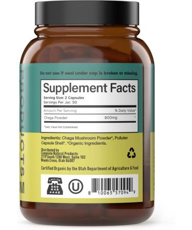 Complete Natural Products Organic Chaga Mushroom Capsules - 100ct Organic Antioxidant Power Immune Boost Gut Support Non-GMO Gluten Free Vegan - Buy Online on GoSupps.com