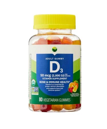 KP+ Spring Valley Vitamin D3 | Vitamin D3 50 mcg (2 000 IU) Adult Gummy | Bone & Immune Health | Vegetarian Vitamin Supplement | 80 Gummies | Orange Lemon & Strawberry Flavors | Pack of 1