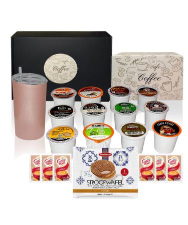 K-Cup Coffee Gift Set - Coffee Lovers Gift Basket includes 12 Assorted Coffee Pods, Double insulated Cup with Straw, 6 Coffee Creamers and Jumbo Stroopwafel for Birthday, Get Well Gifts Care Package (Coffee Gifts- Rose Gold)