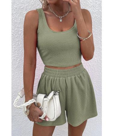 Green Medium Trendy Queen Two Piece Outfit | Sleeveless Crop Top & High Waisted Shorts Set - Buy Online on GoSupps.com