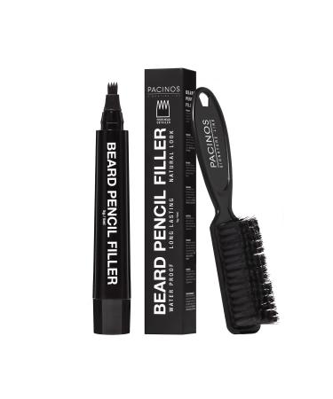 Pacinos Beard Pencil Filler - Water Proof, Long Lasting Coverage & Natural Finish - Beard, Moustache & Eyebrows - Micro-Fork Tip for Seamless Application - Includes Bristle Brush for Blending (Black)
