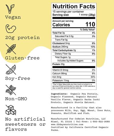 22 Days Nutrition Organic Vanilla Protein Powder - 15 Servings | Gluten Free Vegan Plant Based Protein (20g) - Pea, Flax, Sacha Inchi - Buy Online on GoSupps.com