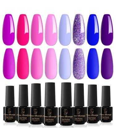 Orna Beauty Gel Polish 8 Colors Purple Series Pink Purple Violet Light Blue Glitter Gel Nail Polish Glitter Gel Nail Kit Manicure Soak Off Nail Gel Kit Home DIY for Starters Gift for Women A-Purple