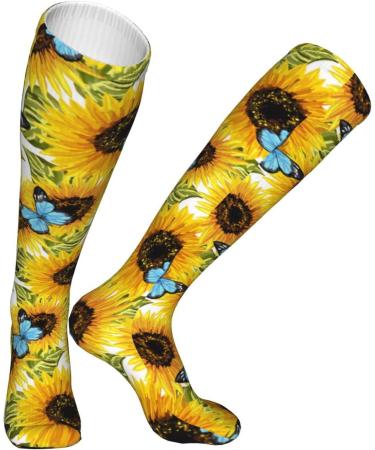 Watercolor Sunflower & Blue Butterfly Compression Socks for Men & Women | 15-20 mmHg Support for Running & Cycling - Buy Online on GoSupps.com