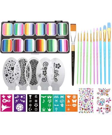 Face Makeup | Face Painting Stencil Set - 12 Grids of Vibrant Cosmetic Colors with Stencil Brushes for 3