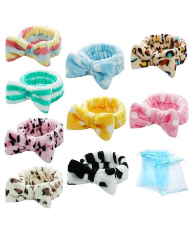 Spa Headband Bow Facial Makeup Headband(9 Pcs)  Soft Headband for Shower Washing Face  Extra Add 5 Gift Bags  Nice Gifts for Women Girls.