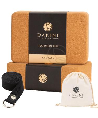 Dakini Wellness Cork Yoga Blocks 2 Pack | 9x6x3 Eco-Friendly, Natural Yoga Kit Includes Yoga Bag, Cork Yoga Block & Yoga Strap Set for Stretching, Workout and Pilates