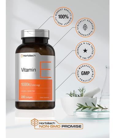 Horbaach Vitamin E 1000 IU Softgel Capsules 200 Count - Non-GMO, Gluten Free & Preservative Free | Vitamin E Oil - Buy Online on GoSupps.com