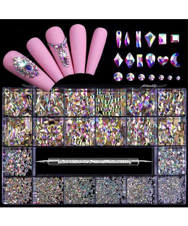 3100Pcs Nail Crystal Rhinestones Kit  Mix Shapes AB Glass  3D Diamonds Flatback Crystals  with a Drill Pen  Nail Crystal Non Hotfix  Nail Art Decoration (AB Rhinestone)