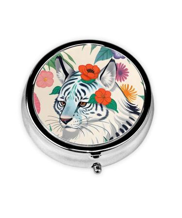 Cute White Tigerround Pill Box 3 Compartment Round Pill Box Organizer &Portable Travel Pill Box for Traveling.