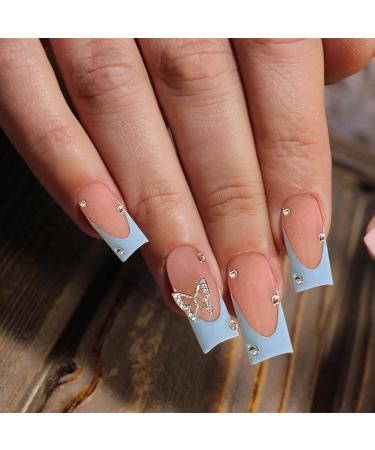 Buy Kotkiddy 24pcs Black French Tip Press-On Nails | Butterfly Rhinestone Coffin Fake Nails | Glossy Full Cover Stick-On Nails (Blue) - International Shipping - Buy Online on GoSupps.com