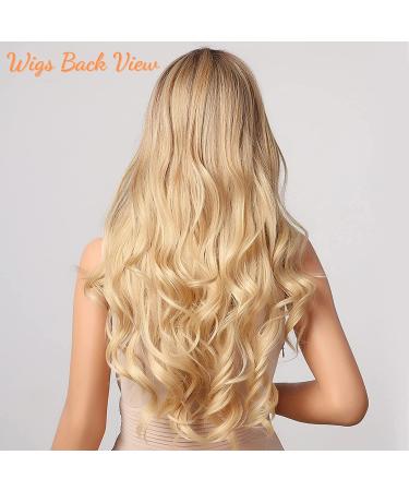 Blonde Ombre Wavy Wig with Dark Roots - Long Curly Synthetic Hair for Women - Heat Resistant Natural Looking Wig for Halloween/Party/Cosplay - Buy Online on GoSupps.com