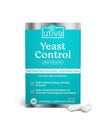 Utiva Yeast Control Boric Acid Suppositories pH Balance Feminine Care Suppositories for Women 600mg Boric Acid Suppositories to Lower pH and Support Vaginal Health 30 Vaginal Suppositories