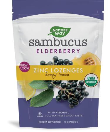 Nature's Way Sambucus Zinc Lozenges with Elderberry and Vitamin C Honey Lemon Flavor Gluten Free Kosher Certified 24 Lozenges (2 Pack)