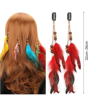 MWOOT 4Pcs Clip In Feather Hair Extensions Peacock Feathers Extension for Women Halloween Costume Carnival Cosplay Party Headdress Handmade Bohemian Hippie Hair Clip Red Feather Clips - Buy Online on GoSupps.com