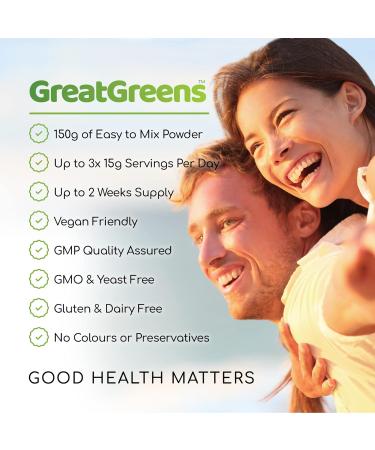 GreatGreens Organic Greens Superfood Powder - 150g - 36 Raw Soil Association Certified Organic Food Form Ingredients - Nutritious Organic Greens Supplement - High Fibre Daily Greens Smoothie Drink - Buy Online on GoSupps.com