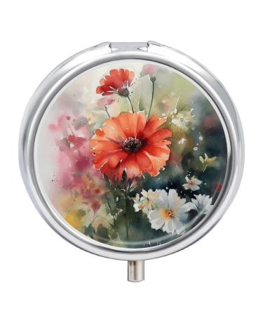 Round Pill Box Watercolor Painting Print 3 Compartment Medicine Pill Case Print Pill Organizer Decorative Metal Portable Pill Box Pocket Pill Box