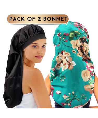 2Pcs XL Satin Bonnet Set for Sleeping | Soft & Comfortable Hair Bonnets for Women | Black+Indigo Pattern - Buy Online on GoSupps.com