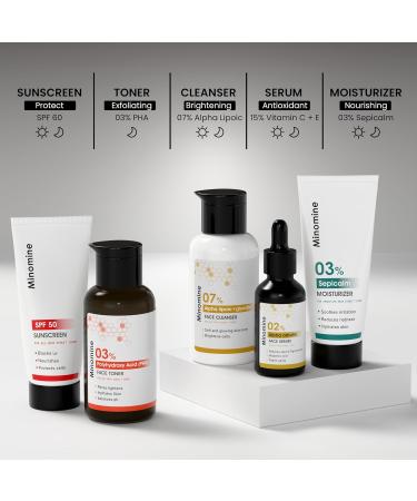 Minomine Anti-Pigmentation Skin Gamechangers Skincare Routine Kit for Unisex | Alpha Lipoic Cleanser Alpha Arbutin Serum & SPF 60 Moisturizer - Buy Online on GoSupps.com