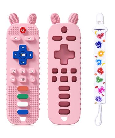 Scuwtocn Upgrade Remote Teething Toys for Baby Silicone Teether Toys 6-12 Months  Remote Control Shape Baby Teether Toys  Textured  Soft  Flexible  Sensory  Gum Soothing - Pink