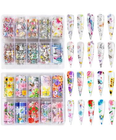 CHANGAR Sunflower Rose Grass Nail Art Foil Transfer Stickers Spring Flowers Nail Foil Adhesive Stickers Decal Butterfly Honeybee Bird Nail Stickers Spring Nail Decoration for Women Girls DIY Nail Design (6)