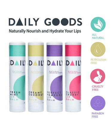 DAILY GOODS Natural Lip Balm Pack with Cocoa Butter and Coconut Oil - Pomegranate, Coconut, Cherry, Spearmint Flavors - Vitamin E Enriched - 8 Pack 0.15 oz Tubes - Buy Online on GoSupps.com