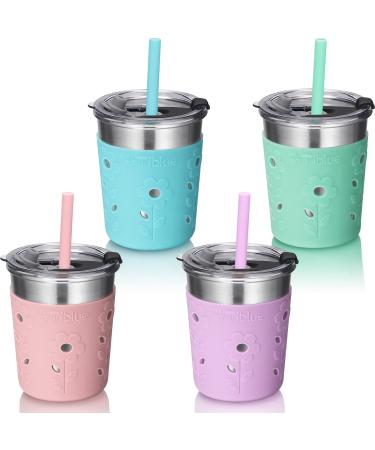 Tiblue Kids & Toddler Cups - Spill Proof Stainless Steel Smoothie Tumblers with Leak Proof Lids Silicone Straw with Stopper & Sleeve - BPA FREE Snack Cups for Baby Girls Boys(4 Pack 8oz Multicolor) Multicolor 4