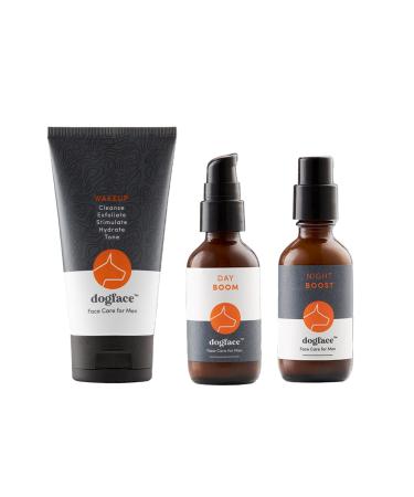 Dogface Men's Skincare Set Wakeup Gel Daily Face Wash to Exfoliate Hydrate & Tone Skin Day Boom Moisturizer Night Boost Night Cream Retinol Serum
