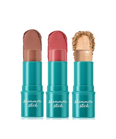 Contour Highlighter Blush Sticks - Long Lasting Waterproof Light Multi Stick Face Makeup - Bronzer Contour & Shimmer Pearl Highlighter Cream Blush Stick for Cheeks & Lips (Green Package D Set) Green Package D Set 1.00 g (Pack of 1)