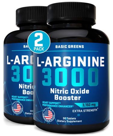 BASIC GREENS L Arginine (180 Tablet) L-Arginine Supplement for Men and Women with Nitric Oxide Booster, L-Arginine Workout - High Energy & Stamina, Boost Muscle Size, Faster Muscle Recovery 180 Count (Pack of 2)