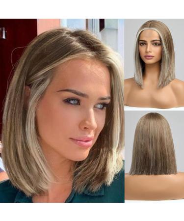 HAIRCUBE Bob Wigs for Women Mixed Brown Hand-Tied Hairline Shoulder Length Heat Resistant Natural Middle Part Wig (12inch)