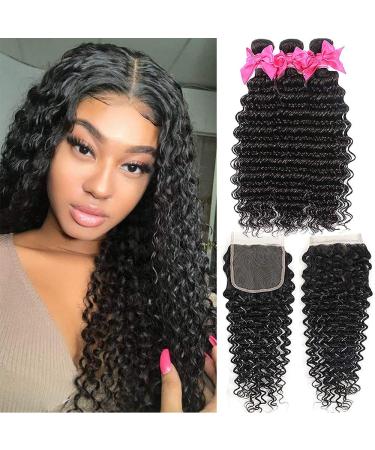 Aatifa 9A Brazilian Virgin Hair Deep Wave Bundles with closure (22 24 26 28+20.lace closure) 44 free part 100% Unprocessed human hair Natural Color Can Be Dyed and Bleached