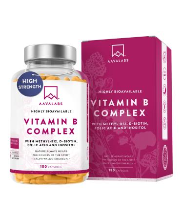 Vitamin B Complex High Strength - Includes Essential Multi B-Vitamins B12 Vitamin B6 Vitamin B1 Vitamin B5 Pantothenic Acid Niacin Biotin Folate Riboflavin Inositol - (180 Capsule Supply)
