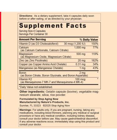 Stop Aging Now - Calcium Complex Supplement - 120 Capsules - BoneTrex with Magnesium Vitamin D Vitamin K2 and Boron - Buy Online on GoSupps.com