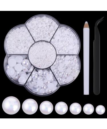 Thinp 5645 PCS Nail Pearls Pearls for Nails Pearl Nail Charms with Pickup Pencil and Tweezer 2/3/4/5/6/8/10mm Flat Back Pearls for Crafting Half Pearls Nail Accessories for Nail Art