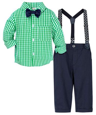 mintgreen Baby Boy Outfits Set 4pcs Infant Gentalman Wedding Suit Long Sleeves Striped Shirts + Trousers + Suspenders + Bowtie 18-24 Months Green