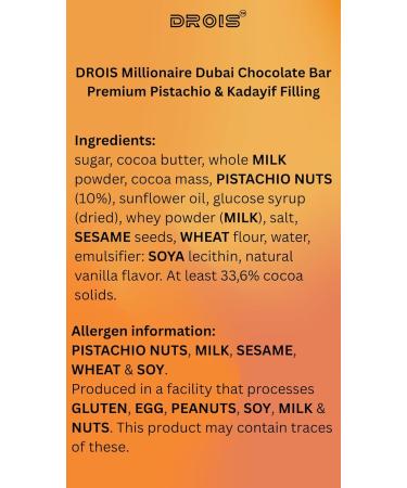 DROIS DROIS Millionaire Dubai Large Chocolate Bar 100g Coated in Belgian chocolate premium pistachio and golden Kaday f filling Made in the EU - Buy Online on GoSupps.com