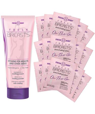 Fresh Body FB - Fresh Breasts Anti-Chafing Lotion 3.4 FL Oz and 0.07 Fl Oz On-The-Go Travel Size Packet (15 Pack) - Soothing Lotion to Powder for Women - Aluminum-Free Talc-Free