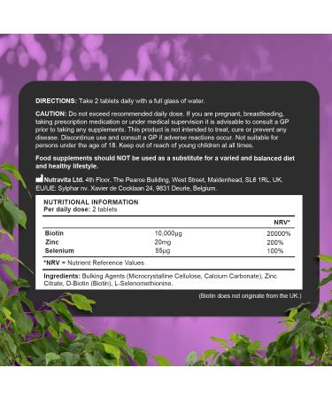 Nutravita Biotin Hair Growth Supplement 10,000mcg - 180 High Strength Vegan Tablets with Zinc & Selenium - Promotes Healthy Hair, Skin & Nails - Biotin Vitamins for Women & Men - Buy Online on GoSupps.com