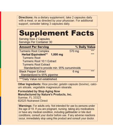 Stop Aging Now - Turmeric Curcumin Supplement - with Black Pepper - 60 Capsules - Buy Online on GoSupps.com