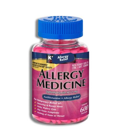 KP+ Allergy Medicine Diphenhydramine HCl 25 mg | Antihistamine Allergy Relief Tablets | 600 Mini Tabs | for Sneezing Runny Nose & Itchy Eyes Relief | Pack of 1