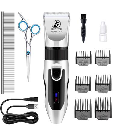 Bonve Pet Dog Clippers, Dog Grooming Kit Quiet Electric Pet Clippers Cordless Rechargeable Professional Dog Hair Clippers for Thick Coats Dogs Cats Pets