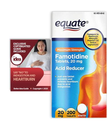 Equate Famotidine Tablets 20 mg Maximum Strength Acid Reducer for Heartburn Relief 200 Ct (1 Pack) + Say NO to Indigestion and Heartbun Better Idea Guide 200 Count (Pack of 1)