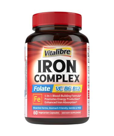 Iron Supplement for Women & Men with Vitamins C B6 B12 & Folate for Iron Deficiency Blood Building & Energy Support Stomach Friendly Better Absorption Non-GMO No Gluten 60 Vegan Caps 60 Count (Pack of 1)