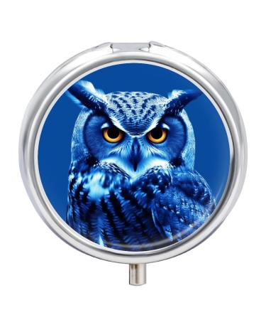 Round Pill Box Blue Owl Print 3 Compartment Medicine Pill Case Print Pill Organizer Decorative Metal Portable Pill Box Pocket Pill Box Style