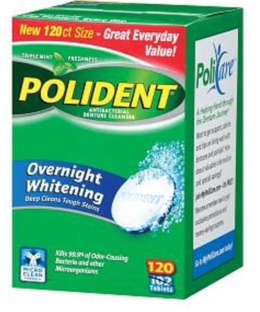 Polident Overnight Whitening Antibacterial Denture Cleanser Triple Mint Freshness 120 ea (Pack of 3)