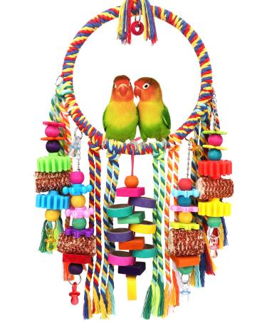 Bird Toys Bird Rope Ring Swing Perch with Corn Cob Cardboard Bagels Wooden Blocks Chewing Toys for Parakeets,Cockatiels,Conure,Lovebirds,Finches and Other Small-Sized Birds